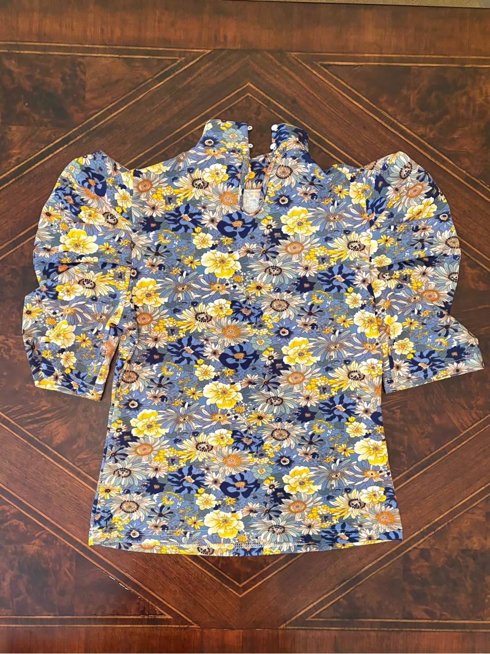 SHEIN Blue & Yellow Floral Puff-Sleeve Blouse XL